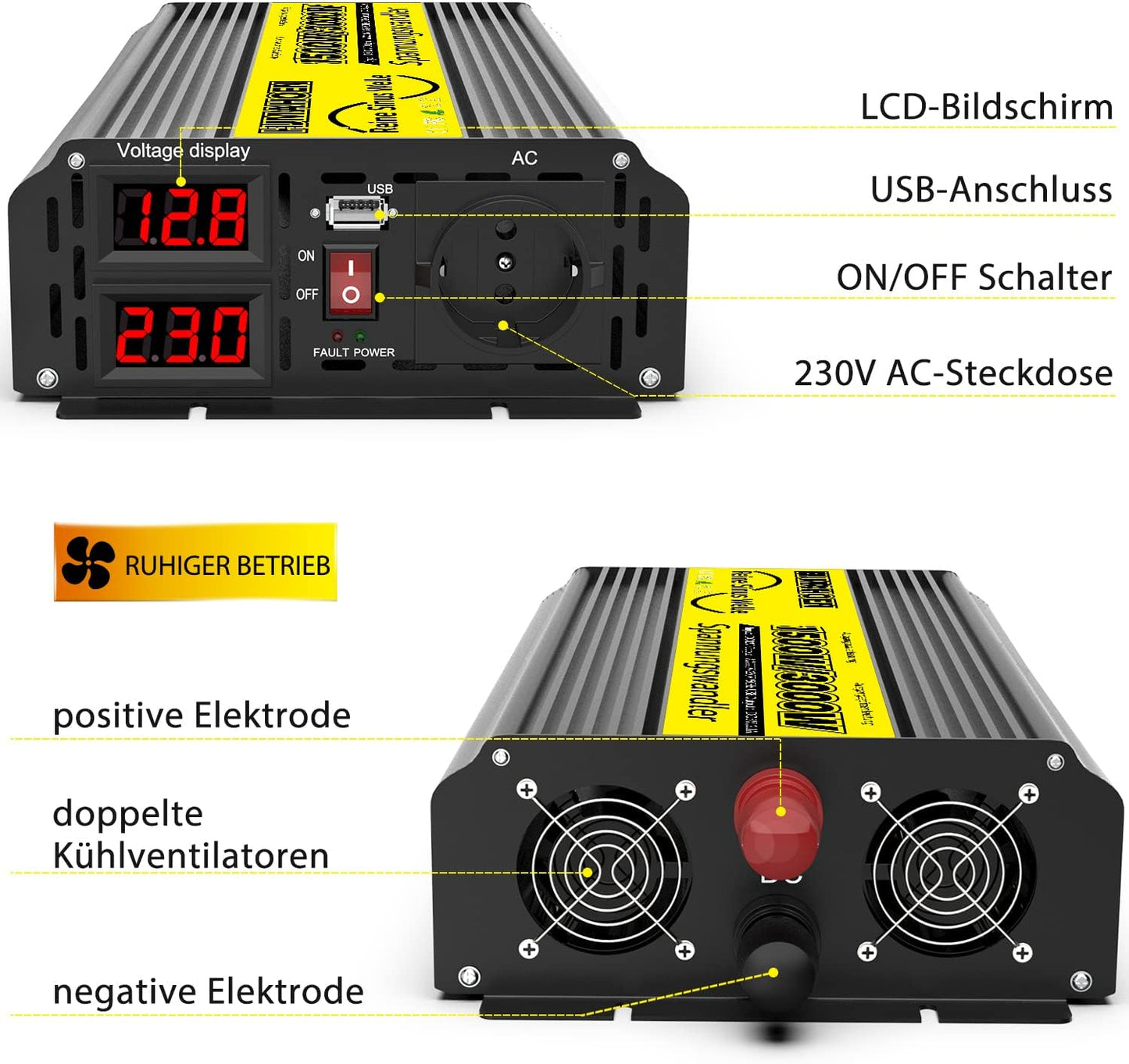 Pure Sine Wave omvormer, 1500 W/3000 W, 12 V naar 230 V, Pure Sine Wave spanningsomvormer voor camper, vrachtwagen, met ingebouwde 5 V/2,1 A USB-laadpoorten, auto-omvormer, 12 V