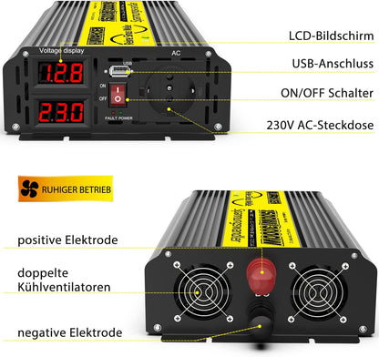 Pure Sine Wave omvormer, 1500 W/3000 W, 12 V naar 230 V, Pure Sine Wave spanningsomvormer voor camper, vrachtwagen, met ingebouwde 5 V/2,1 A USB-laadpoorten, auto-omvormer, 12 V