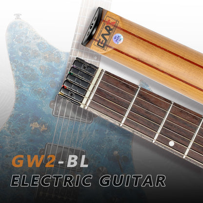 EART Headless Elektrische Gitaar Vaste Brug met 6-Snarige Reisgitaar Voor Reizen en Optreden Rechts, Roestvrijstalen Frets