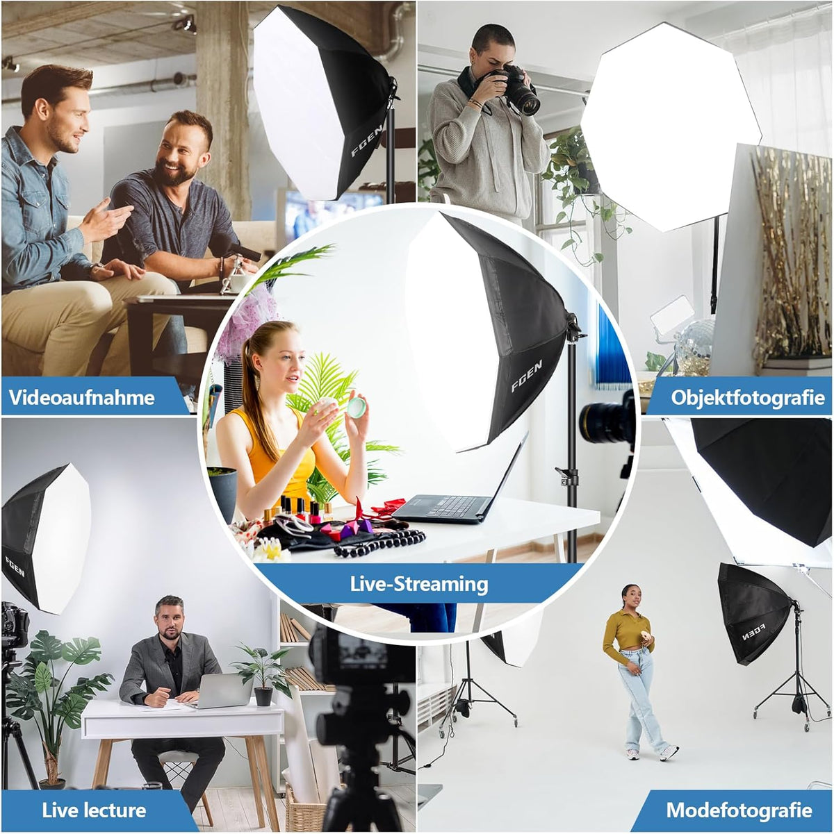 FGen Softbox Licht, Octagonale Softbox met 120W verstelbare LED-lamp 3000-6500K, 2 meter dik Light Stand geschikt voor fotostudio fotografie, YouTube, Tiktok video-opname