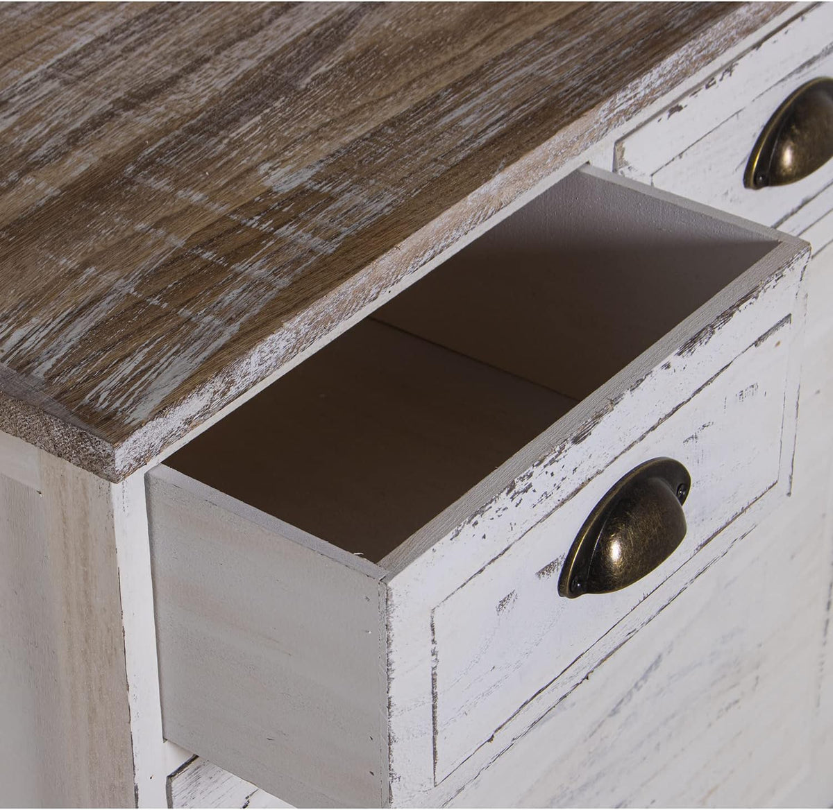 DRW Schoenenkast met 2 deuren en 2 laden van paulownia-hout, antiek wit, 60 x 30 x 107 cm