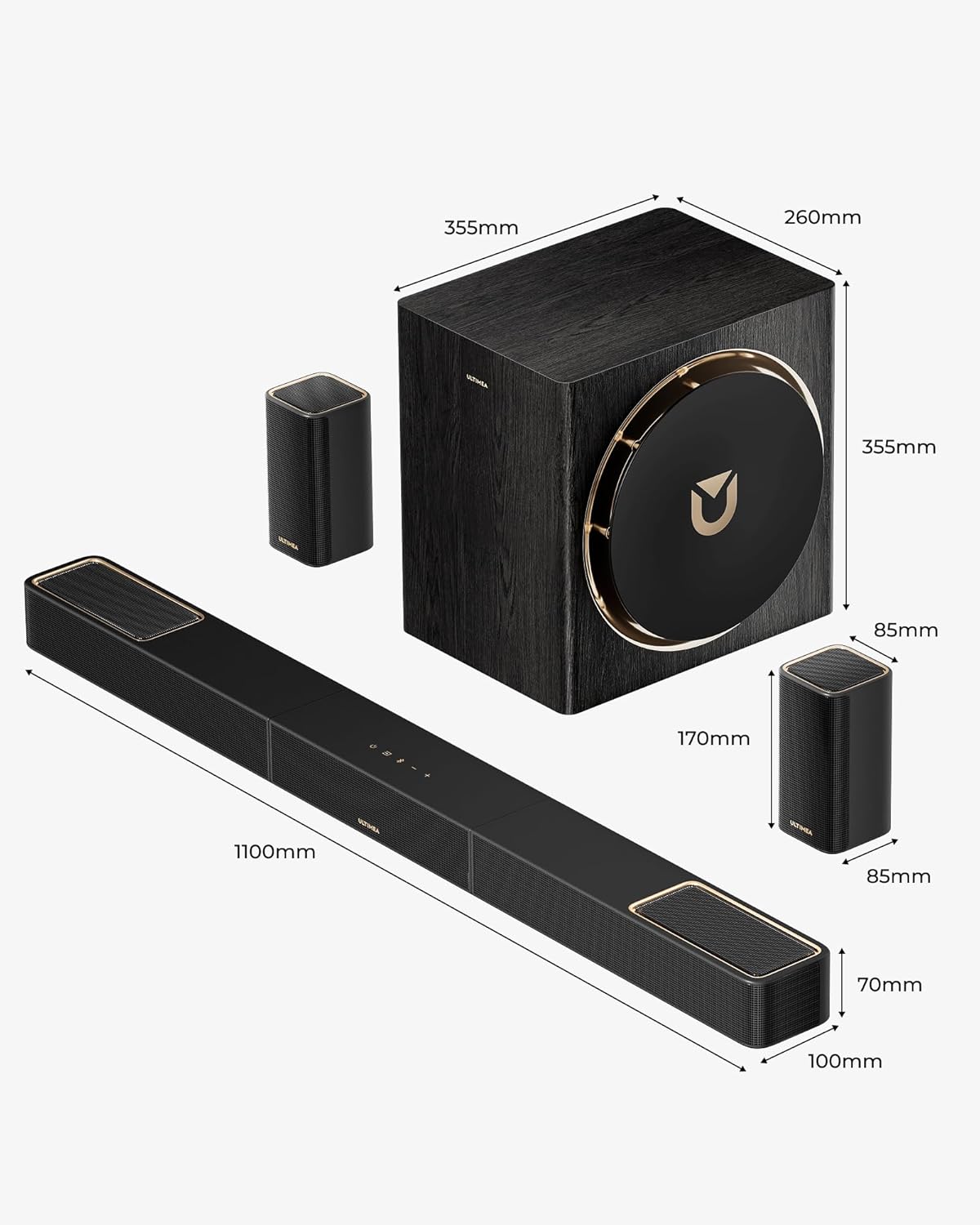 ULTIMEA Skywave X50 5.1.4 Professionele soundbar met Dolby Atmos, 760 W surround sound systeem met 8 inch subwoofer en 2 draadloze achterluidsprekers, GaN-versterker, 4K HDR-pass-through, HDMI eARC