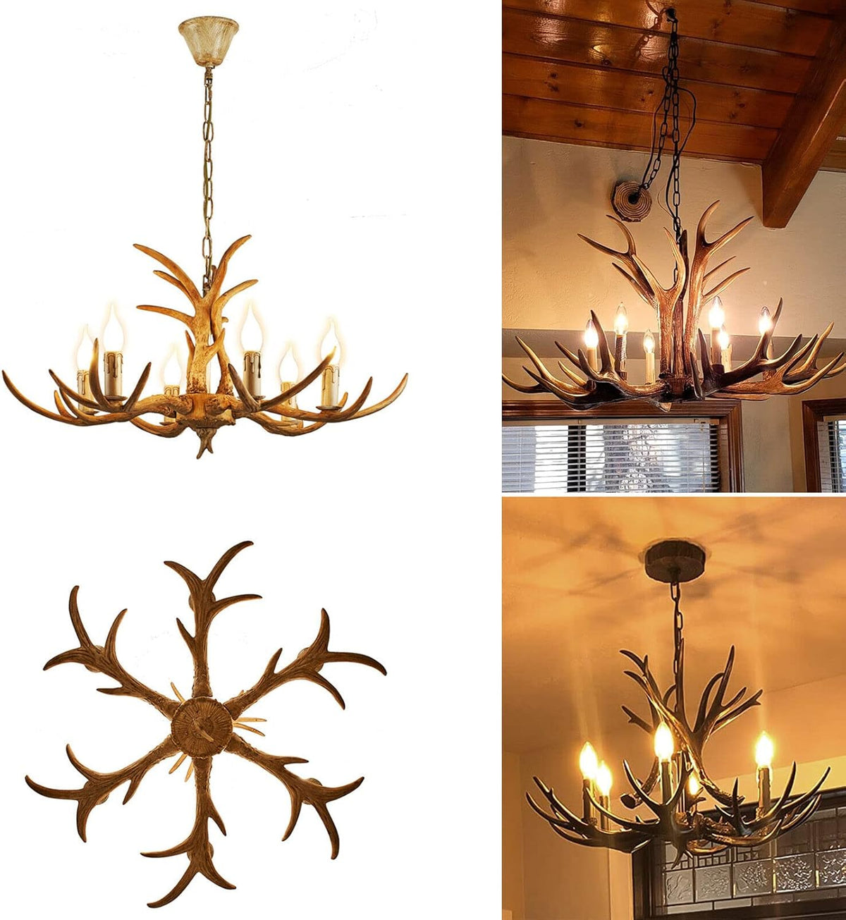 Retro plafondlamp – Geweilamp – Kroonluchter – Hanglamp – Antler lamp – Verstelbare hoogte – 6 x E14 Fittingen – Hars materiaal – Diameter 75 cm