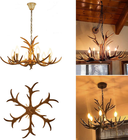 Retro plafondlamp – Geweilamp – Kroonluchter – Hanglamp – Antler lamp – Verstelbare hoogte – 6 x E14 Fittingen – Hars materiaal – Diameter 75 cm