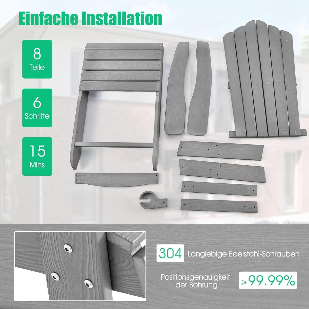 FANTASK Adirondack stoel met bekerhouder, weerbestendige tuinstoel, tuinstoel van kunststof, 170 kg draagvermogen, lichtgrijs