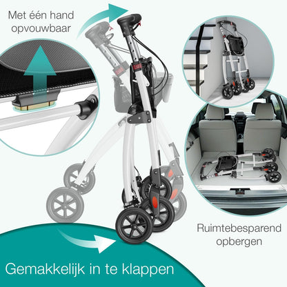 ELONEO Lichtgewicht Rollator voor Binnen - 54 cm Breed, Opvouwbaar Looprek met Dienblad en Stoffen Mandje, Smalle Rollator van Aluminium, Inklapbaar Mobiliteitshulpmiddel, Wit