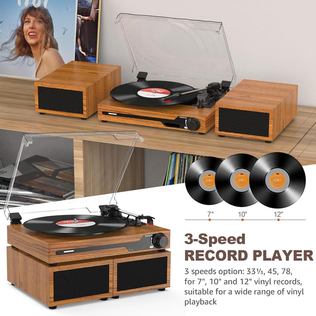 Platenspeler - Geïntegreerde Luidsprekers - Vintage Fonograaf - met Bluetooth 5.3 Ondersteunt - 2 Dubbele Stereoluidsprekers - 3 Snelheden - AUX - RCA - USB - Draadloos Afspelen - Hout - Goud