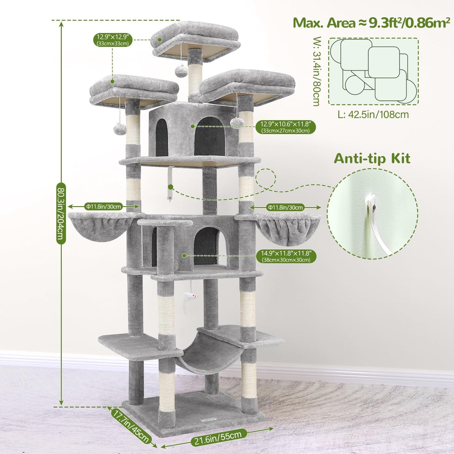 Krabpaal XXL – Krabmeubel – Kattenboom – Krabton – Kattenmeubel – Lichtgrijs – 204 cm Hoog – Luxe Met 3 Gevoerde Zitstokken & 2 Kattenhuisjes