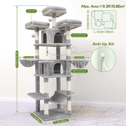 Krabpaal XXL – Krabmeubel – Kattenboom – Krabton – Kattenmeubel – Lichtgrijs – 204 cm Hoog – Luxe Met 3 Gevoerde Zitstokken & 2 Kattenhuisjes