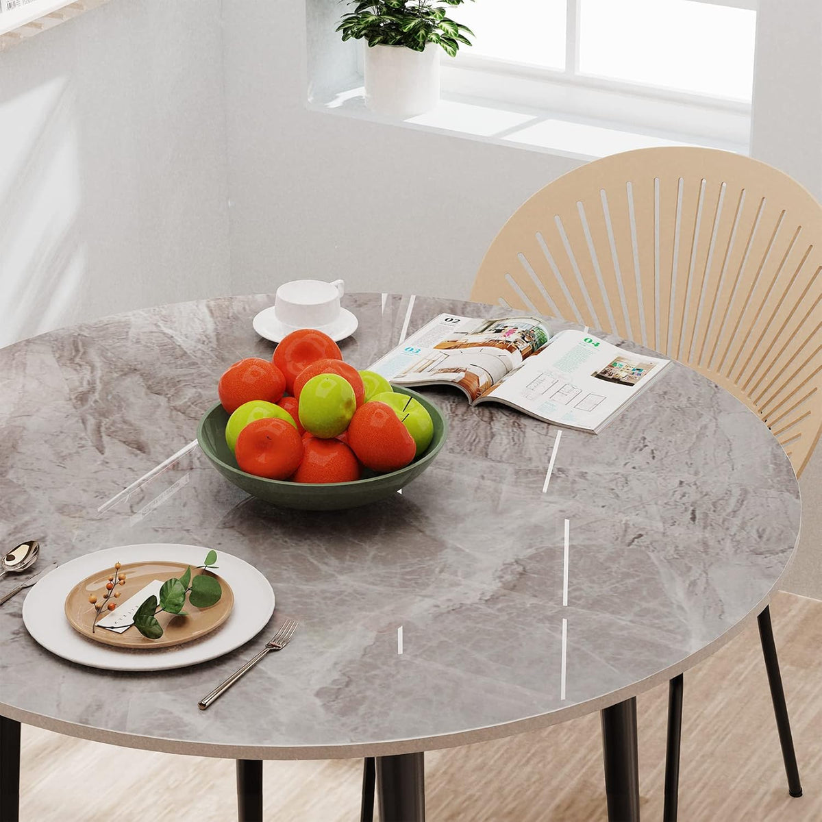FATIVO Eettafel ronde eetkamertafel, marmer, 80 cm, ronde tafel, kleine keukentafel, voor 2 personen, hoogglans, eettafel, Scandinavische tafels voor eetkamer, restaurant, metaal, tafelpoten, grijs