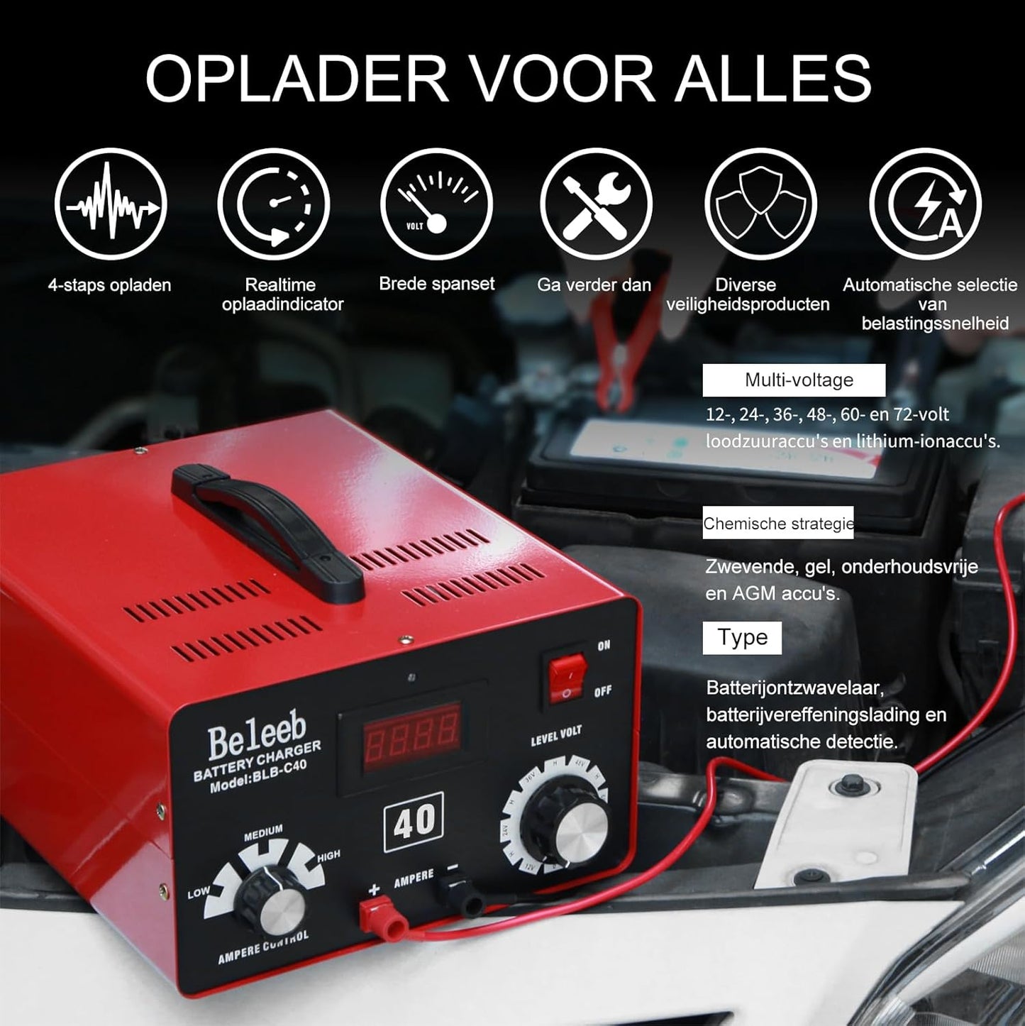 Acculader – Batterijlader – Accu Oplader – Batterij Maintainer – Multifunctionele Lader – Hoogspanningspuls "H"-modus – Geschikt voor 12V tot 72V Loodzuur en Lithium-ion Accu’s