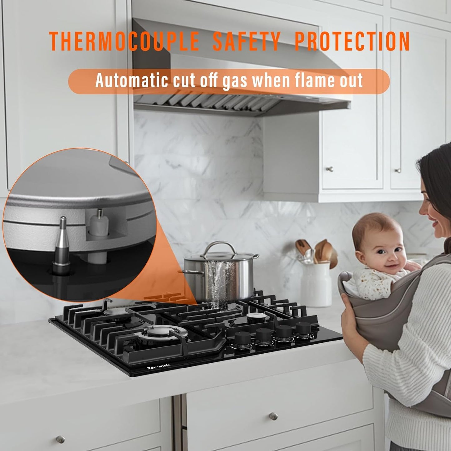 Gaskookplaat 4 Vlammen – Inbouw Gaskookplaat 60 cm – Gaskookveld 4 Vlammen – Gasfornuis Blauw Verlichte Knoppen – NG/LPG Omschakelbaar – Vlamblusbeveiliging – Automatische Ontsteking – 8000 W Vermogen