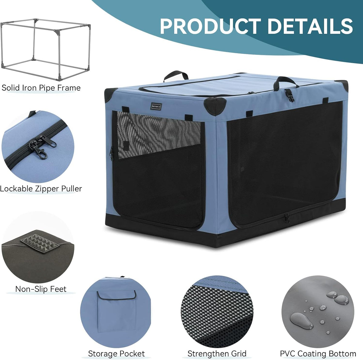 Petsfit Opvouwbare hondenbox, hondenbench voor thuis, verstelbare stoffen hoes met spiraalijzeren buis, hondenkrat, stof, grote honden, 3 deurdesign, eenvoudig transport, makkelijk opbergen, XL, blauw
