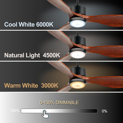 Ovlaim 132cm walnoot houten plafondventilatoren met afstandsbediening verlichting, 3-bladige propeller slimme plafondventilator voor binnen buiten, hoge luchtstroom stille DC-motor