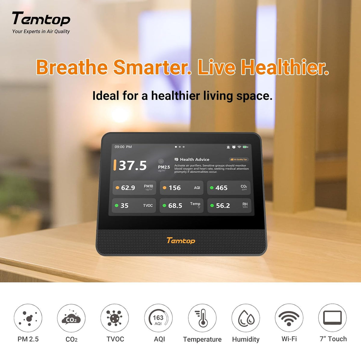 Temtop WiFi-luchtkwaliteitsmonitor M100 2e, 7 inch touchscreen CO2-detector voor binnen en luchtkwaliteitstester voor PM2.5 PM10 TVOC temperatuurvochtigheid, luchtanalysator voor thuiskantoor met