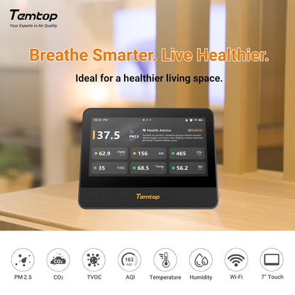 Temtop WiFi-luchtkwaliteitsmonitor M100 2e, 7 inch touchscreen CO2-detector voor binnen en luchtkwaliteitstester voor PM2.5 PM10 TVOC temperatuurvochtigheid, luchtanalysator voor thuiskantoor met
