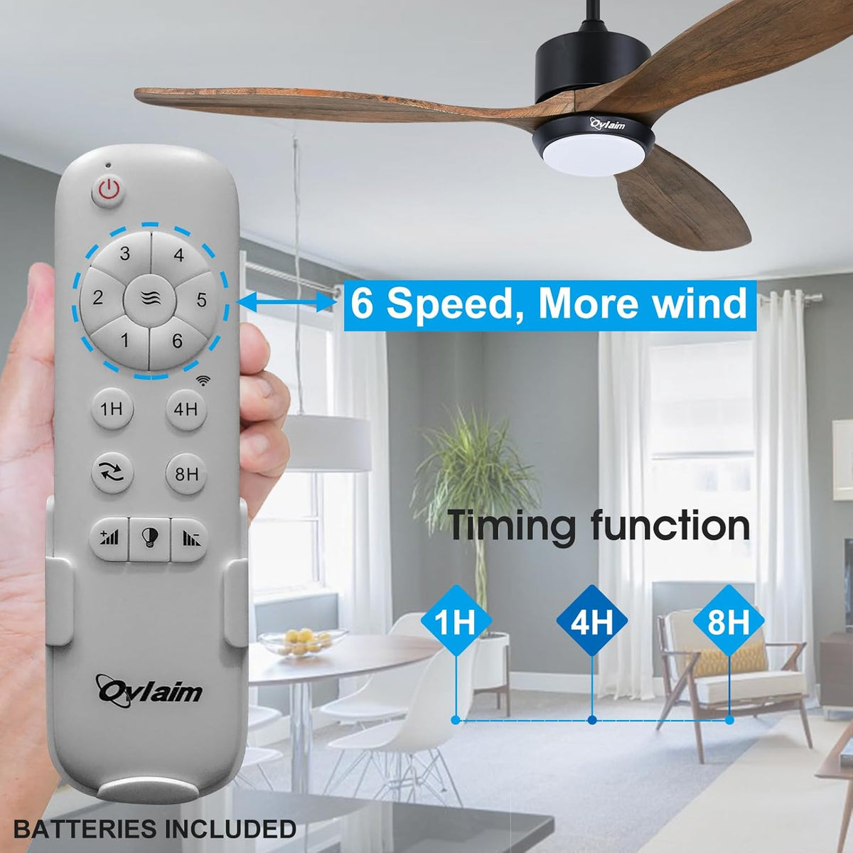 Ovalim 132 cm binnen buiten 3 bladen propeller Smart plafondventilator, stille DC motor massief houten plafondventilator met lichtafstandsbediening, app-besturing