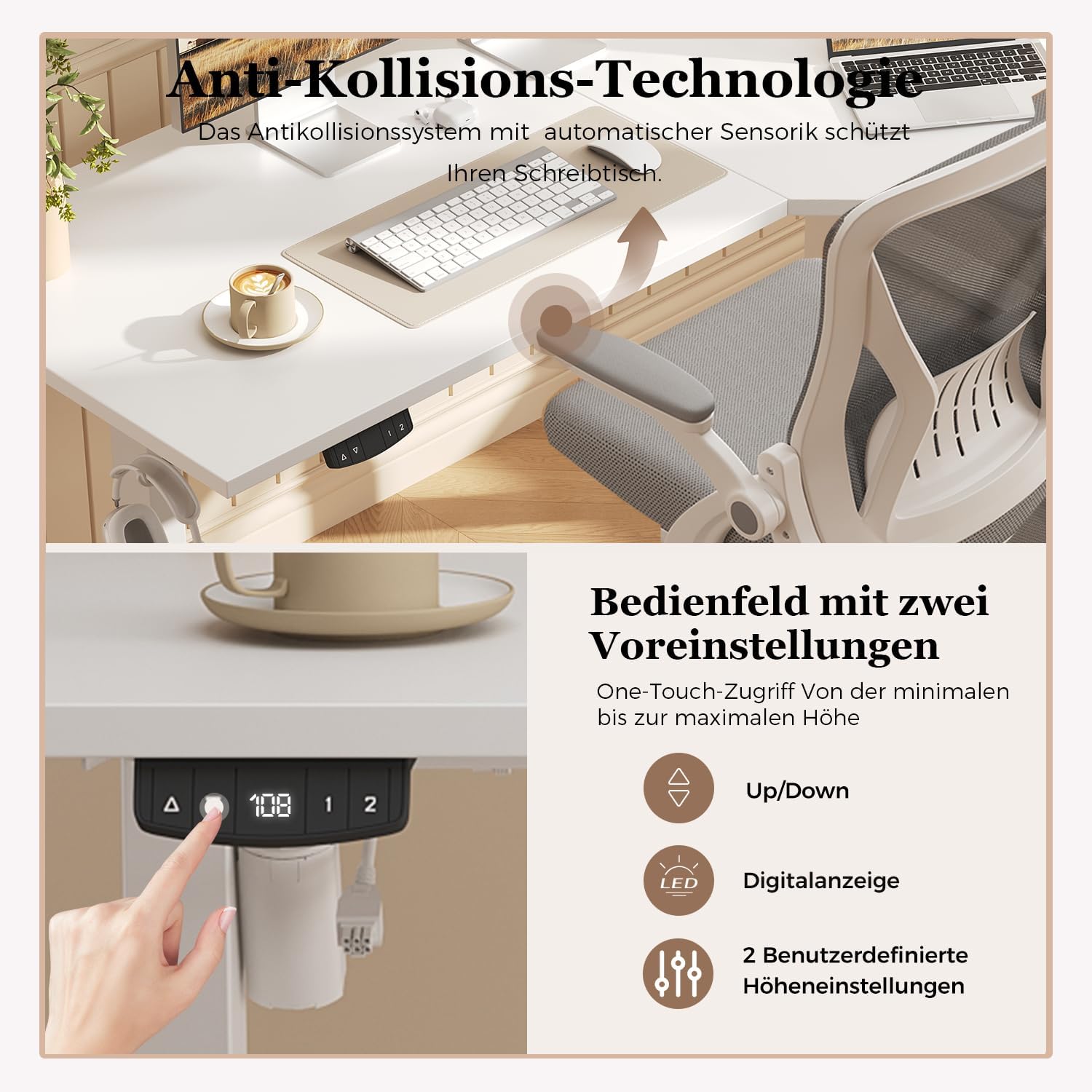 Klicelor L-Shaped Adjustable Height Desk, 160x (60-90cm), Electric Standing Desk, Sit-Stand Desks for Home Office, Ergonomic Computer Table with Split Plate, White - QUORE