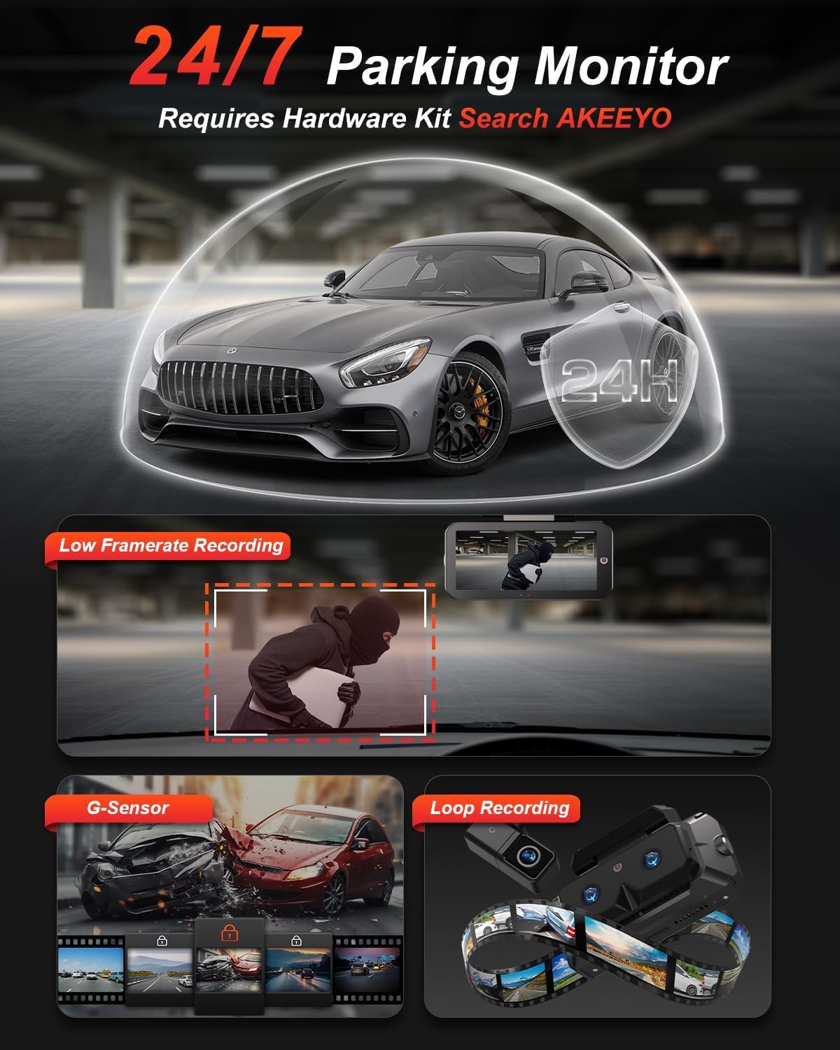 AKEEYO-EYES 2K 5 GHz WiFi dashcam voor en achter, 4 inch IPS touchscreen, dashcamera voor auto, 3 kanalen dashcam, GPS, ADAS & BSD, nachtzicht, WDR, spraakbediening, app, G-sensor, 24H parkeermodus +