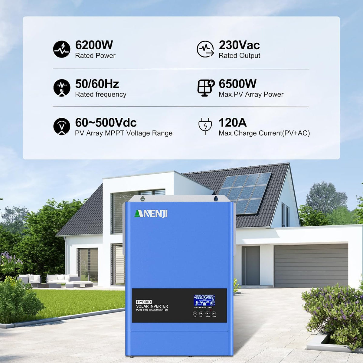 Hybride zonne-omvormer 6200 W, 48 V DC naar 230 VAC, zuivere sinusomvormer met 120 A MPPT zonne-laadregelaar, maximale ingangsspanning PV 500 V, voor