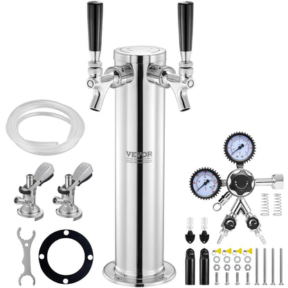 VEVOR Kegerator-toren-kit, bierombouwset met twee tapkranen, biertorendispenser van roestvrij staal met dubbele meter W21.8-regelaar en A-systeem vatkoppeling, bier-druppelschaal voor feestjes thuis