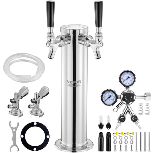 VEVOR Kegerator-toren-kit, bierombouwset met twee tapkranen, biertorendispenser van roestvrij staal met dubbele meter W21.8-regelaar en A-systeem vatkoppeling, bier-druppelschaal voor feestjes thuis
