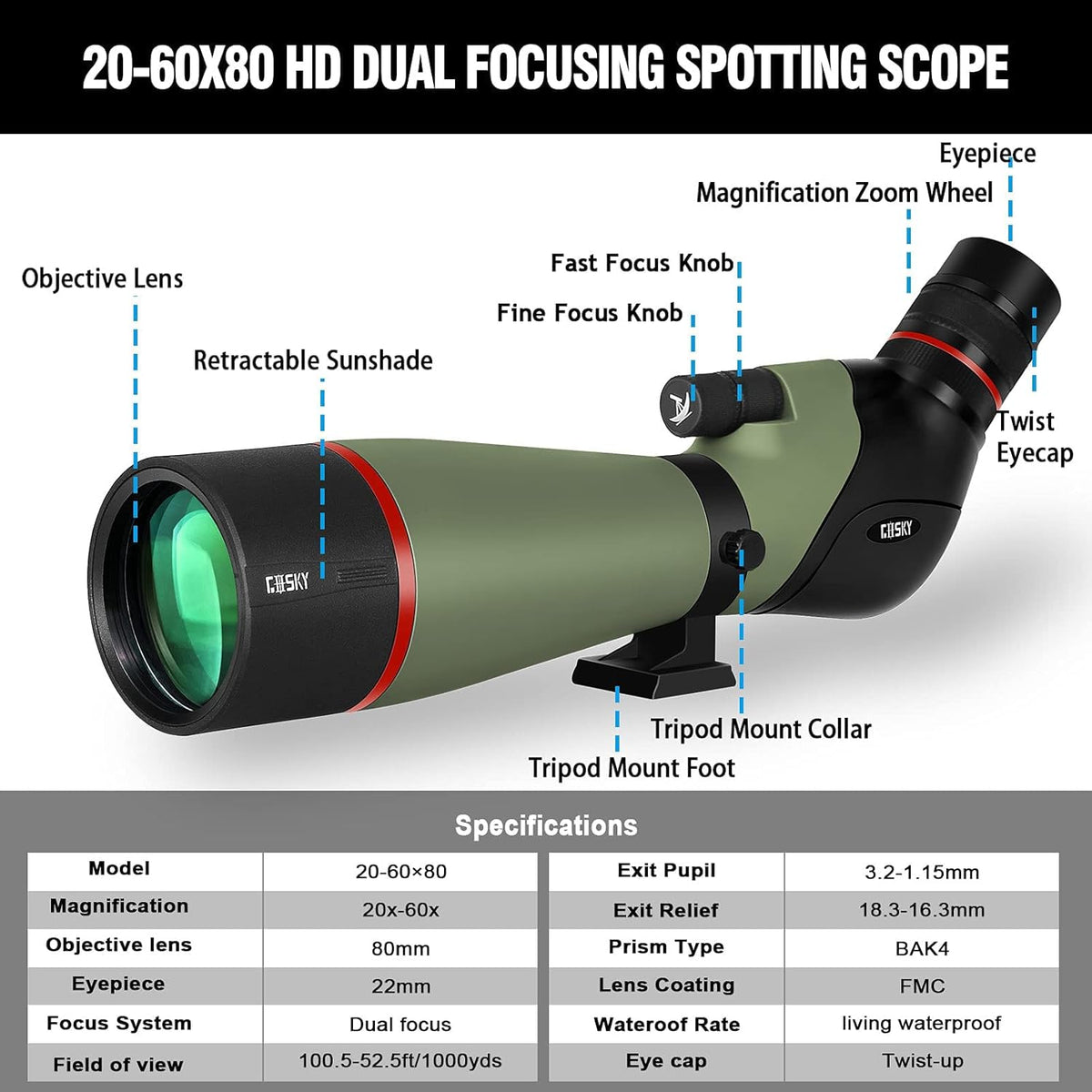 Gosky Observatiebril 20-60 x 80 HD dubbele focus, BAK4-prisma, 45 graden gebogen oculair - met statief en smartphone-adapter, voor vogelobservatie, doelschieten, jacht,