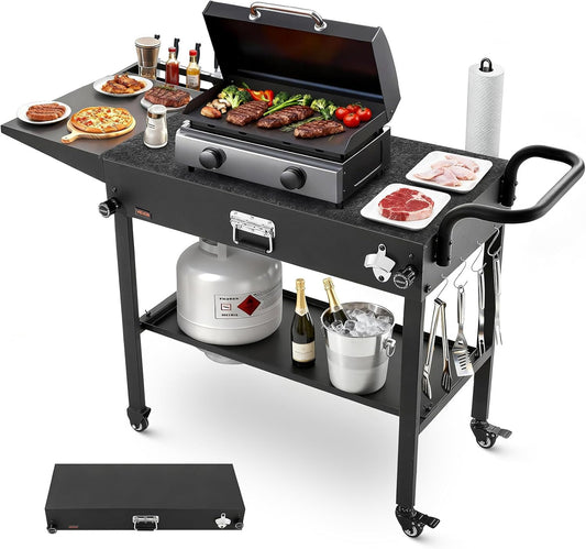 VEVOR Grillwagen Outdoor 787 x 432 mm (afmetingen tafelblad), inklapbare grilltafel met zakdoekhouder, haken, wielen en zijtafel, grillvoorbereidingstafel, serveerwagen voor picknick, keuken, tuin