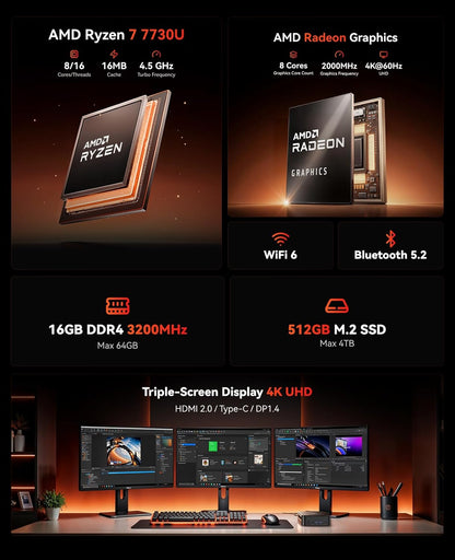 NiPoGi E3B AMD Ryzen 7 7730U, 16 GB DDR4, 512 GB SSD, mini-desktopcomputer, AMD Radeon Graphics, 4K @60Hz Triple Display DP+HDMI + Type-C/WiFi 6/BT5.2 Micro Gaming PC