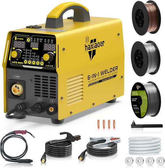 MIG-lasapparaat, 200 A, 6-in-1 multi-proces-aluminium MIG-lasapparaat met vuldraad-MIG/gasloze MIG/gasloze MIG/boog/lift TIG-lassen met 3 lasdraden, oranje (MIG200)