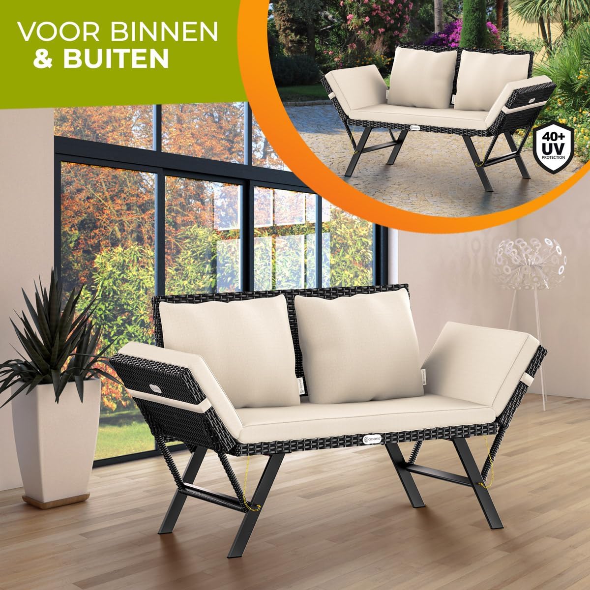 Casaria Polyrattan Garden Bench with Reclining Function Cushion Adjustable Armrests Weatherproof Garden Terrace Balcony Black - QUORE