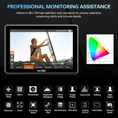 VILTROX DC-L2 7" SDI-camera monitor, 1280x800 IPS HD-touchscreen cameraveldmonitor met 4K HDMI en SDI-in/-uitgang, 600 nits, 3D LUT, focuspeaking, video-assistentie, volledige golfvorm, F550-batterij