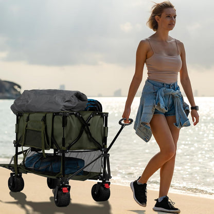 Overmont 400L Opvouwbare dubbeldekker Wagon - All-Terrain Afneembare Grote Wielen 200kg Capaciteit Opvouwbare Festivalwagen voor Camping Sport Winkelen Tuin en Strand Groen