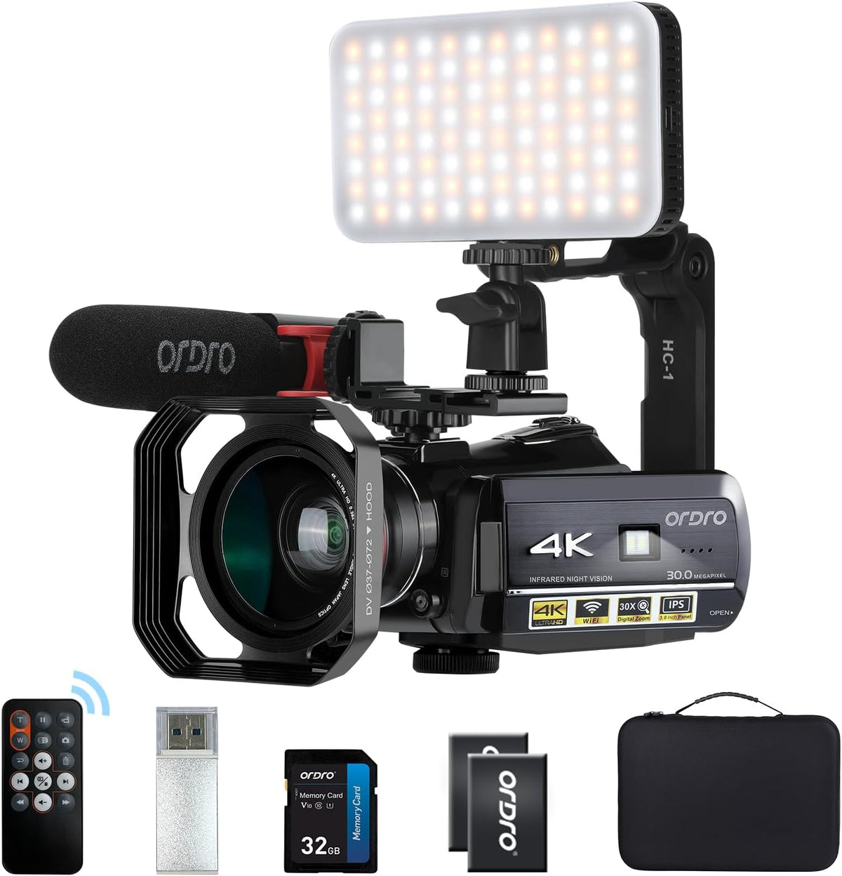 Camcorder 4K-Videocamera – Videocamera – Vlogcamera – HD-Camcorder – 4K-Camera – IR-Nachtzicht – WiFi-Bediening Met Microfoon, LED-Videolamp En Groothoeklens