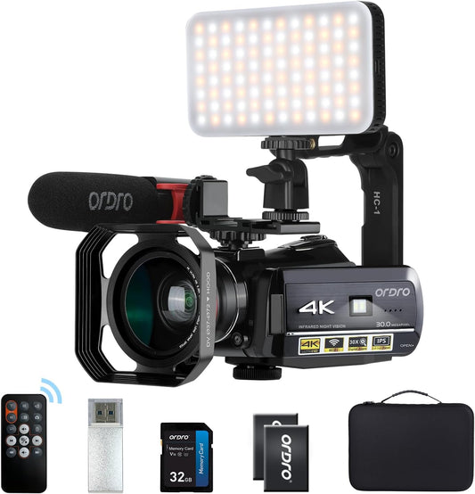 Camcorder 4K-Videocamera – Videocamera – Vlogcamera – HD-Camcorder – 4K-Camera – IR-Nachtzicht – WiFi-Bediening Met Microfoon, LED-Videolamp En Groothoeklens