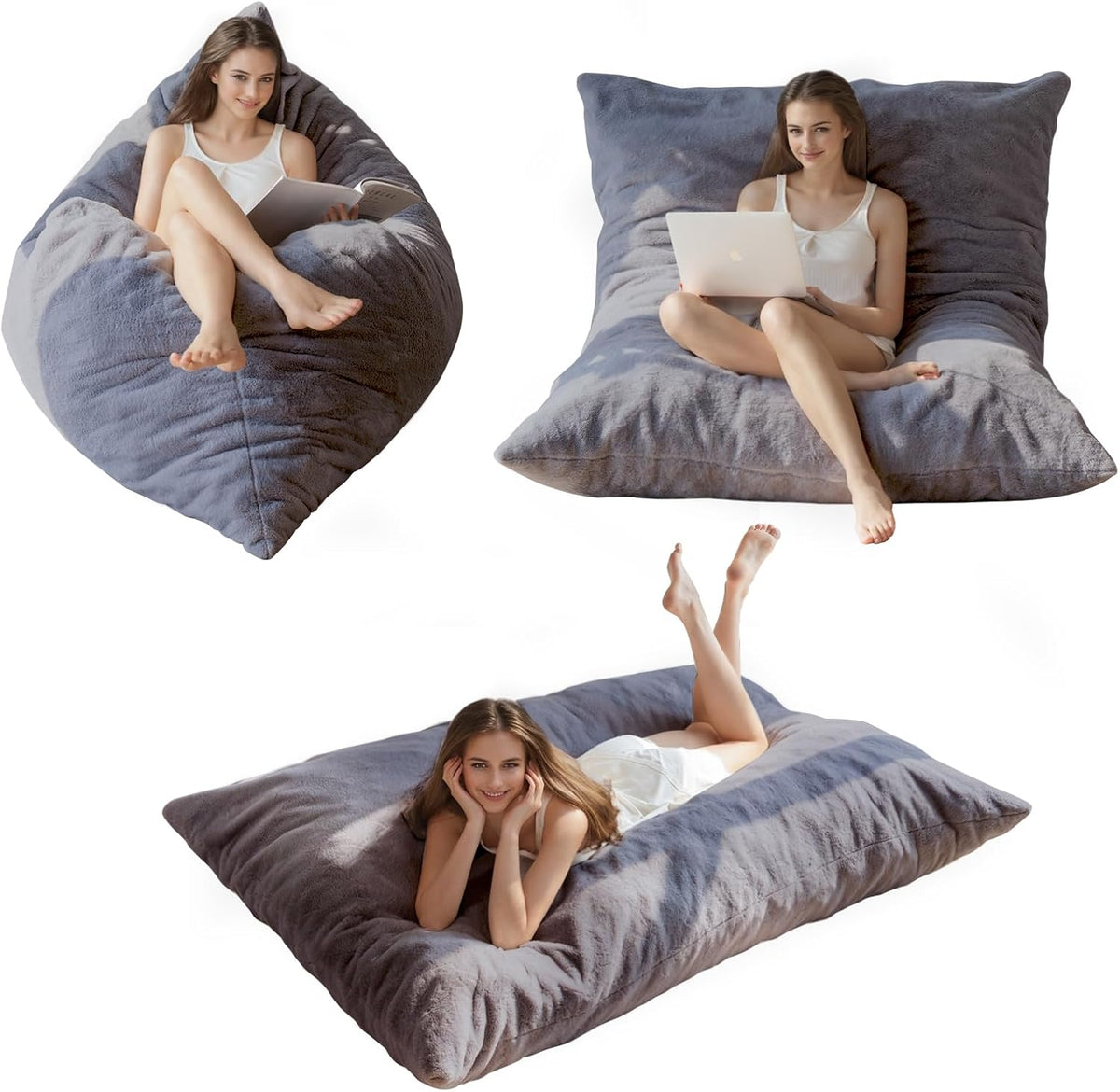MAXYOYO Enorme zitzak-bed, vierkante zitzakstoel, grote bank met pluche overtrek en pluizige vulling voor volwassenen, koppels en gasten (houtskool, 135 x 190 cm)