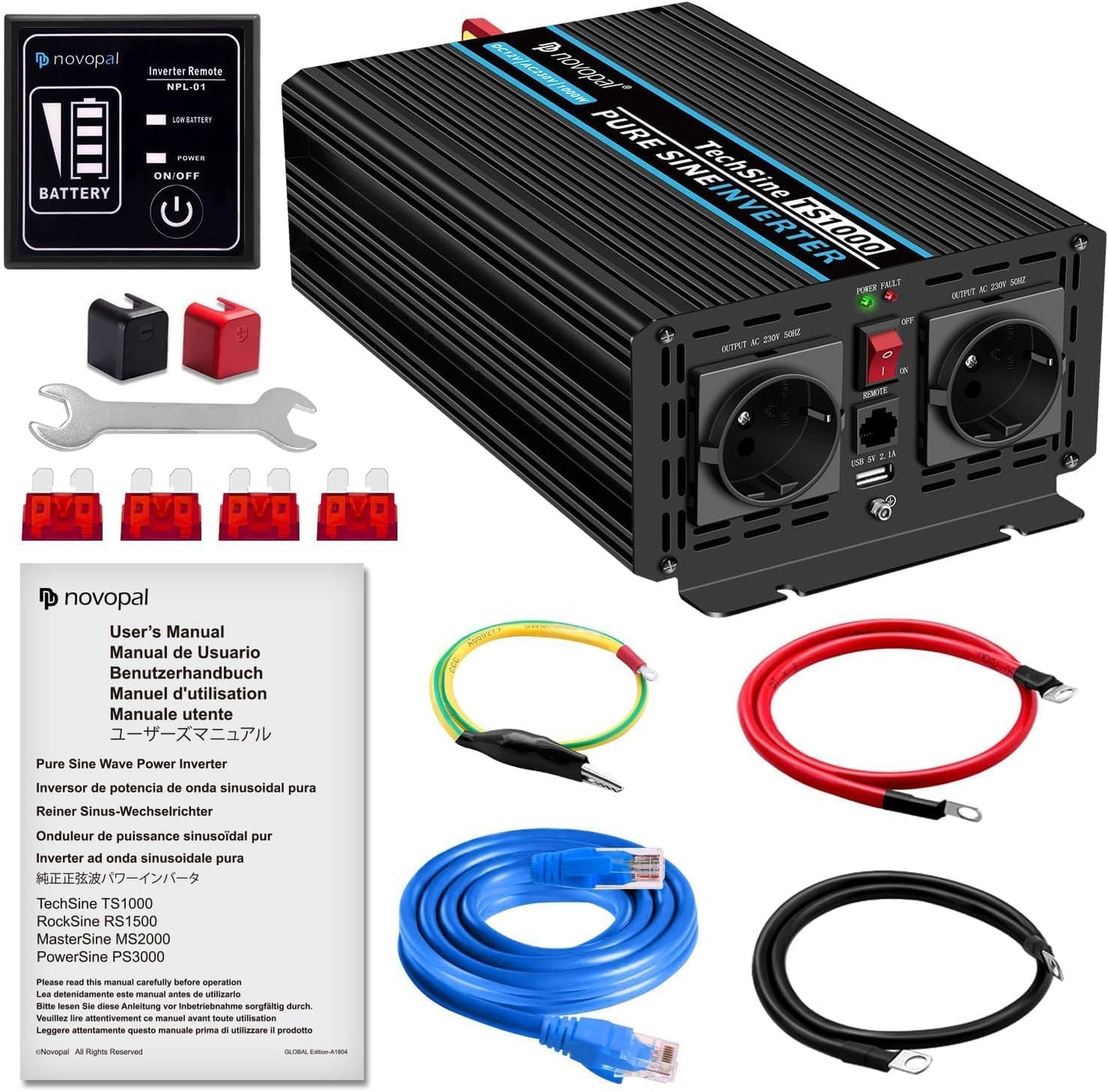 NOVOPAL 1000 W 2000 W auto omvormer spanningsomvormer -12 V 230 V zuivere sinus met 2 EU-stopcontact en USB-aansluiting, afstandsbediening, accukabel en handleiding (mogelijk niet beschikbaar in het