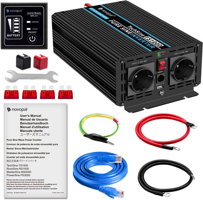 NOVOPAL 1000 W 2000 W auto omvormer spanningsomvormer -12 V 230 V zuivere sinus met 2 EU-stopcontact en USB-aansluiting, afstandsbediening, accukabel en handleiding (mogelijk niet beschikbaar in het