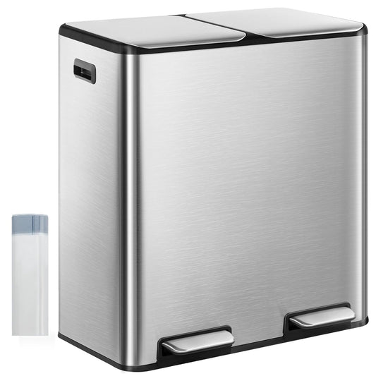 Hzuaneri Kitchen Trash Bin, Waste Separation System, 2 Compartments, 60 L (2 x 30 L), Stainless Steel Kitchen Trash Bin, Pedal Bin, Silent Slow Waste Bag, with 15 Exclusive Waste Bags, Silver