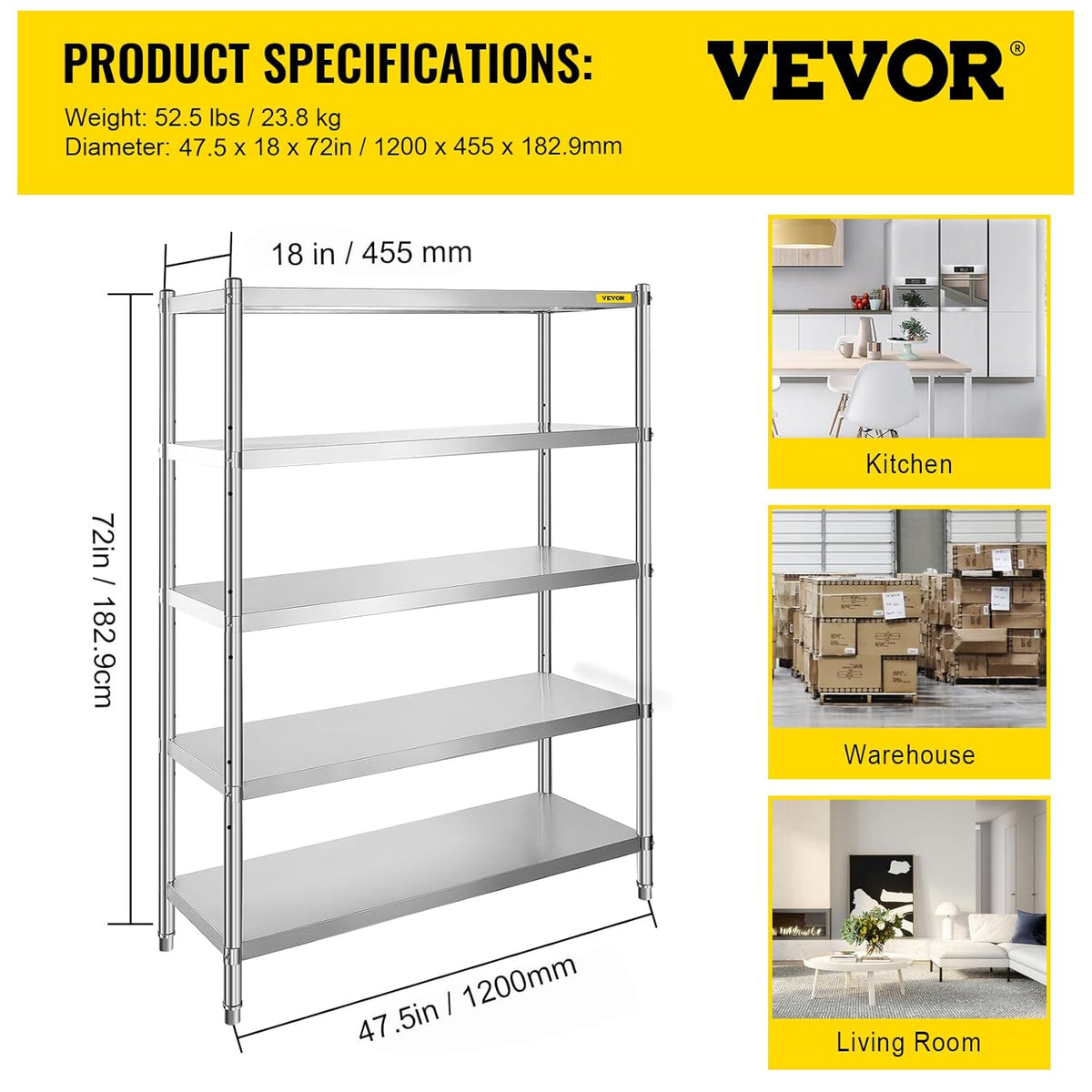 VEVOR Stainless Steel Shelving 48x18.5 Inch 5 Tier Adjustable Shelf Storage Unit Stainless Steel Heavy Duty Racks for Kitchen Commercial Office Garage Storage 350 Lbs Per Shelf