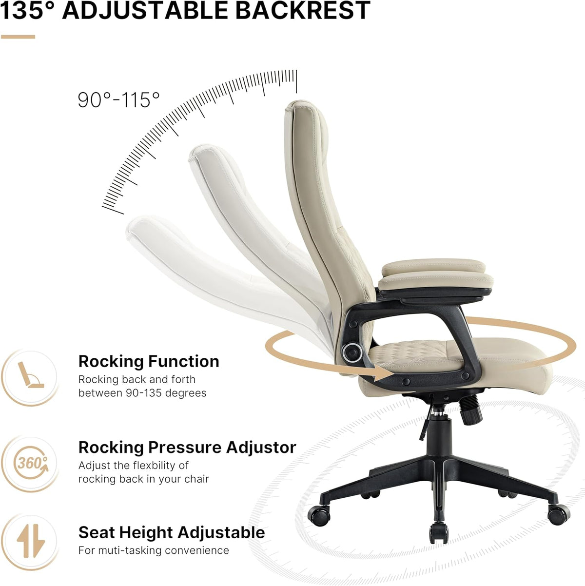 PU Lederen Bureaustoel – Ergonomische Bureaustoel – Executive Stoel – Comfortabele Werkstoel – Bureaustoel Met Lendensteun – Verstelbare Rugleuning 90-135° – Gewatteerde Armleuningen