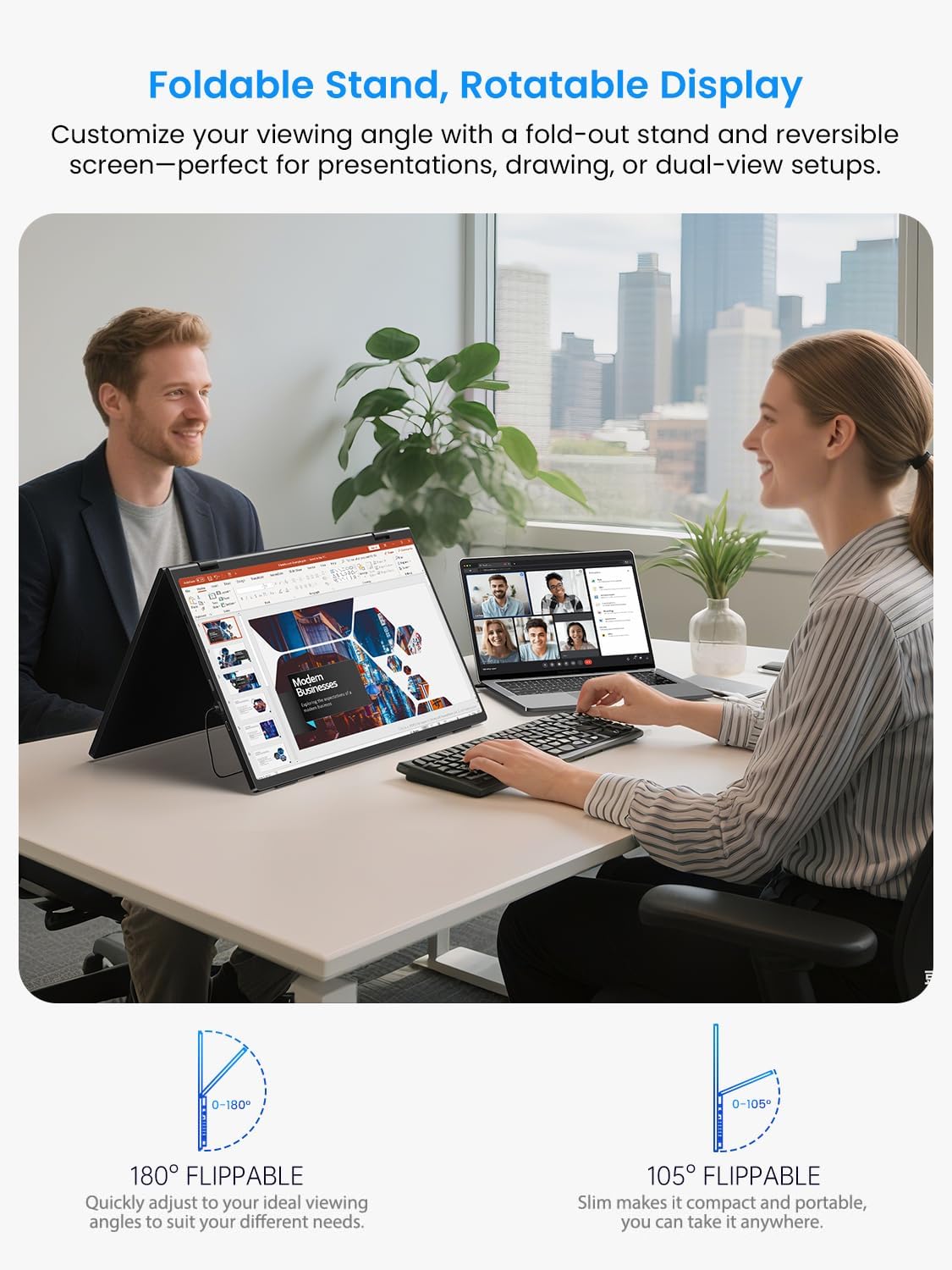 EVICIV Portable Monitor 15.6 inch Foldable Dual Screen 100% sRGB, With Mini HDMI/UBS-C Connection/Integrated Speaker For Laptop/PC/Phone/Game Consoles - QUORE