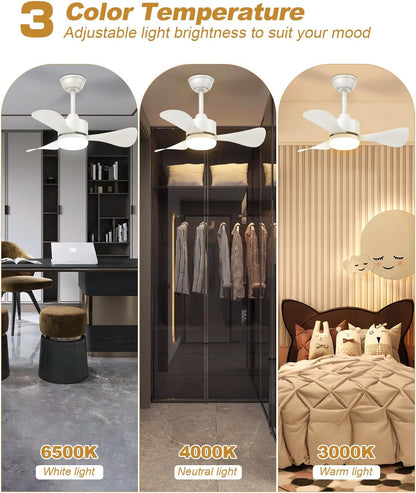 Airwit 71 cm plafondventilator met licht en afstandsbediening, stil, 3 bladen, led voor slaapkamer, omkeerbare DC-motor, 6 snelheden