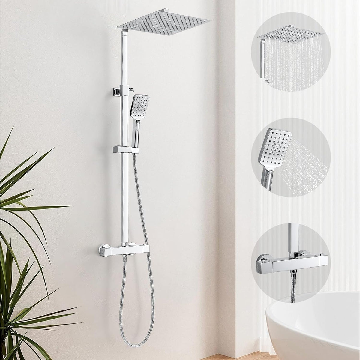 Vierkante Thermostatische Douche Mixer Set, Bevankly Vierkante Thermostatische Douche Systeem Chroom, Thermostatische Douche Bar Set