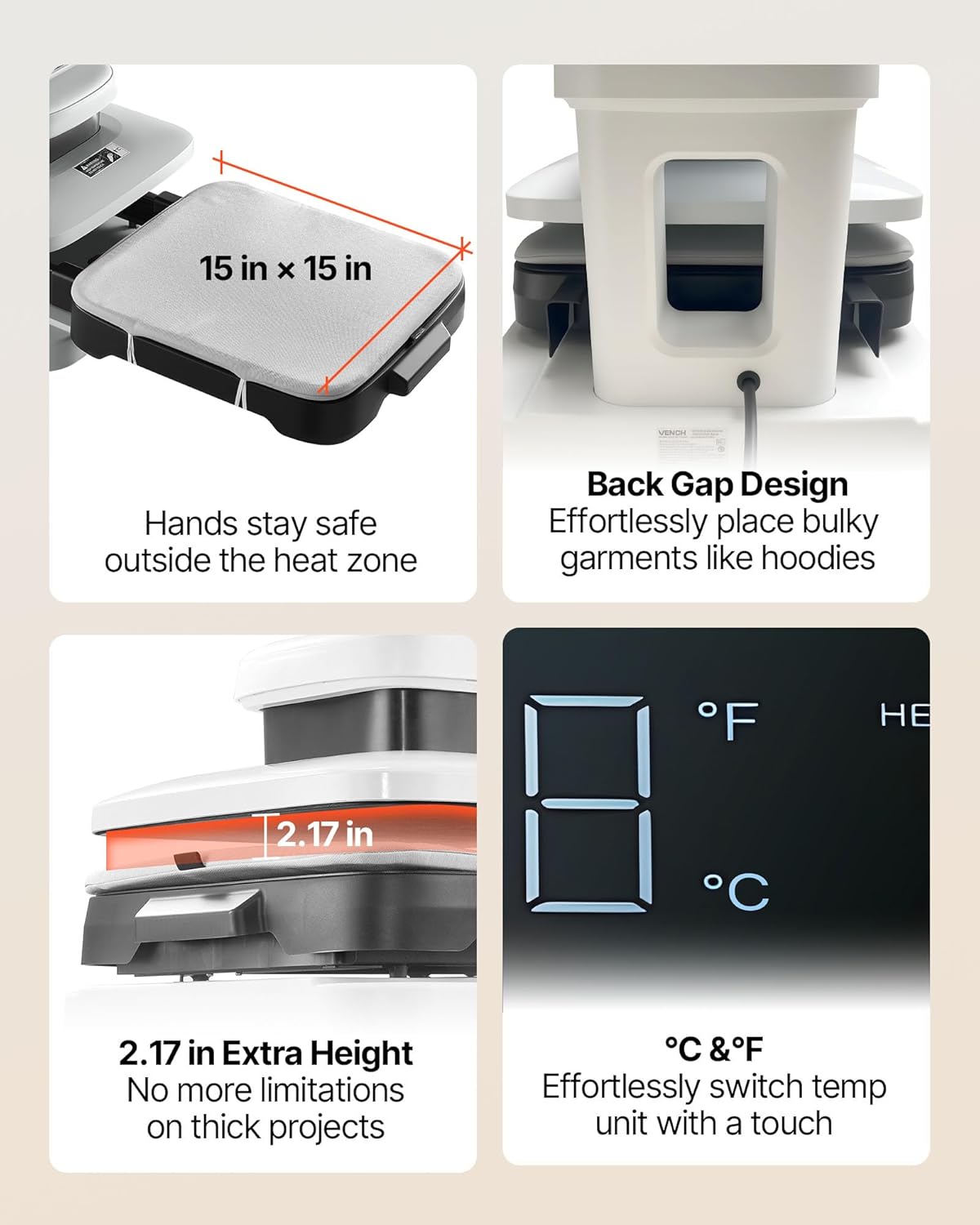 VEVOR Automatische hittepers (38 x 38 cm) T-shirt-pers met automatische vrijgave en instelbare druk, digitaal display, transferpers voor sublimatie vinyl warmteoverdrachtsprojecten, wit
