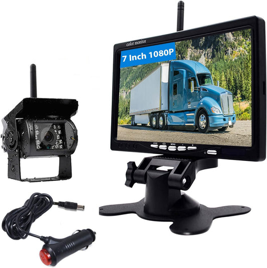 Podofo Draadloze HD Achteruitrijcamera Kit met 7" LCD Automonitor Waterdichte Achteruitrijcamera + Autolader voor Vrachtwagen Bus RV Trailer Graafmachine