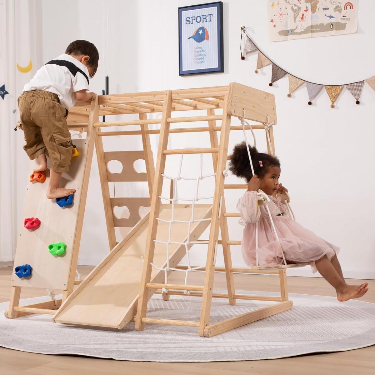 Giant bean Middelgroot formaat indoor speeltuin jungle gym voor 2-10 jaar, peuters, 9-in-1 met slide, Rock Climb Wall, Monkey Bars, Hout & Rope Ladder, Climbing Rope & Wall and Gymnastic Ring