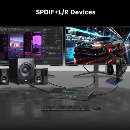 4K @120Hz HDMI DP KVM Switch Dual Monitor USB 3.0 2 monitoren 2 computers EDID emulatoren voor 2 pc's delen 2 schermen en 4 USB 3.0-poorten SPDIF kopieer uitbreidingsmodus, 2 USB-kabels en controller.