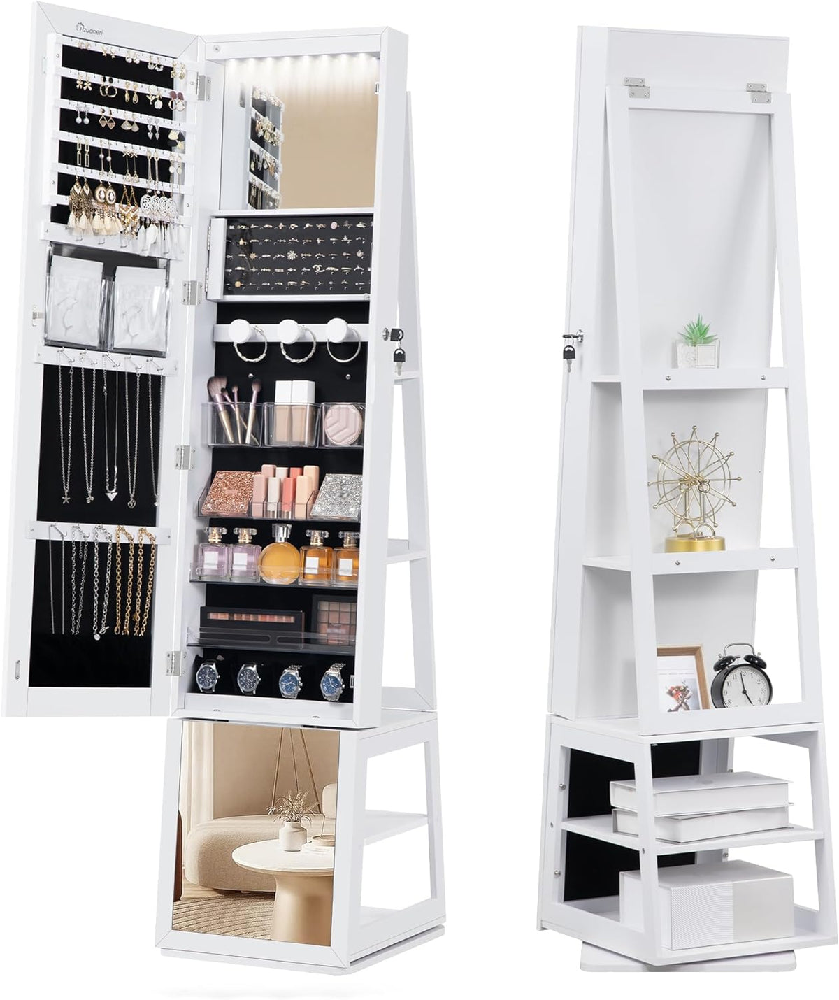 Hzuaneri Jewellery cabinet, with 360° rotating base, lockable mirror in full length, large 4-stage storage compartments, 4-in-1 multifunctional, white and black JC16003B