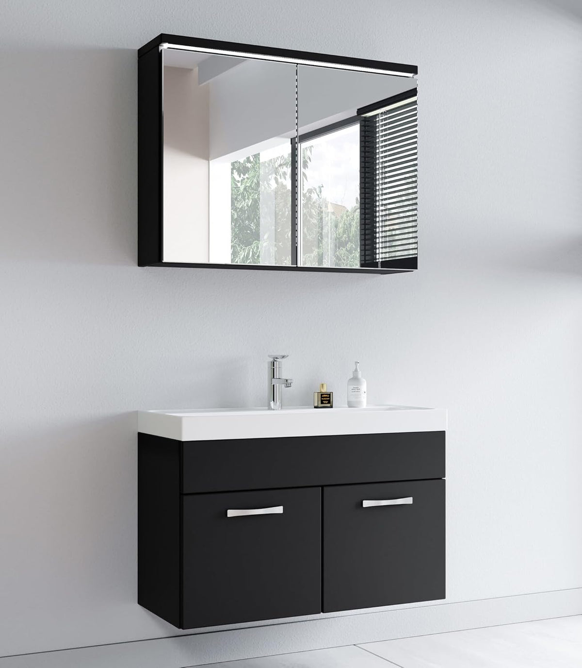 Paso 02 bathroom furniture set, 80 cm, washbasin, matt black, base cabinet, cabinet, sink, mirror cabinet, cabinet - QUORE